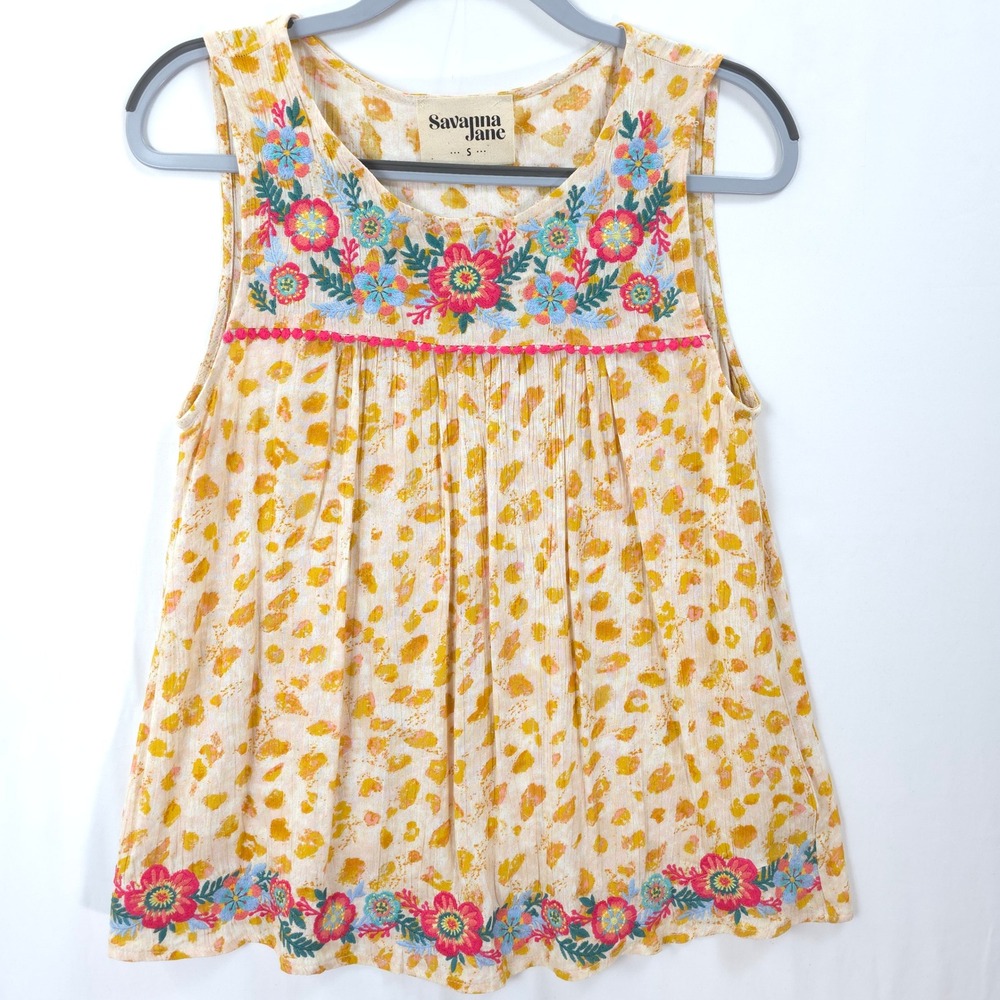 Savanna Jane Tank Top Womens S Floral Embroidered Leopard Yellow Boho